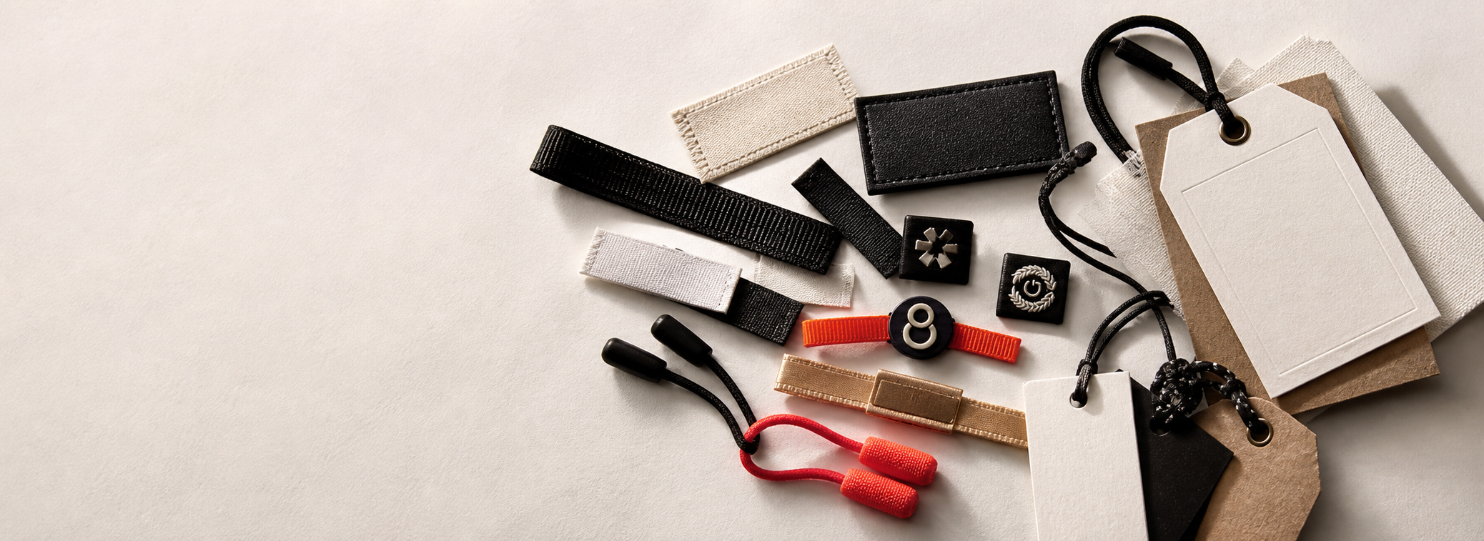 Woven labels, fabric patches, embossed hangtags and recycled-paper tags arranged in a premium studio setting